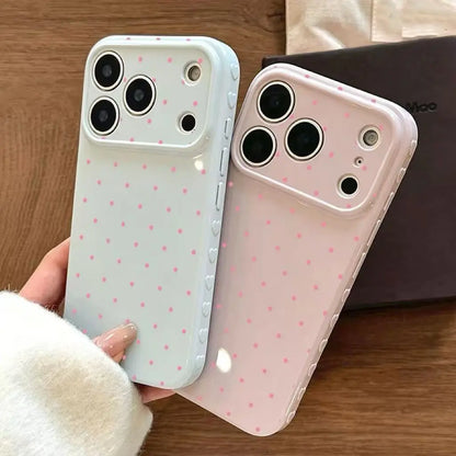 Premium Glossy Polka-Dot Heart-Border Phone Case with Soft TPU-PC Composite Material and Embossed Heart Patterns for Enhanced Grip and Fingerprint Resistance