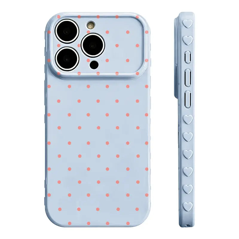 Premium Glossy Polka-Dot Heart-Border Phone Case with Soft TPU-PC Composite Material and Embossed Heart Patterns for Enhanced Grip and Fingerprint Resistance