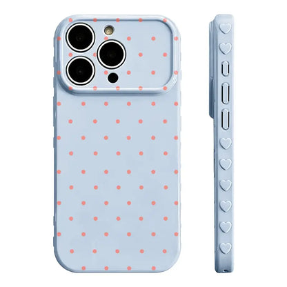 Premium Glossy Polka-Dot Heart-Border Phone Case with Soft TPU-PC Composite Material and Embossed Heart Patterns for Enhanced Grip and Fingerprint Resistance