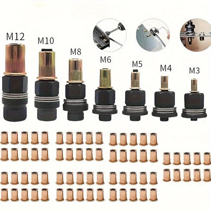 77pcs Manual Riveting Tool Set, 7 Sizes M3-M12 with 70 Rivet Nuts, Heavy-Duty Metal Gun for Automotive, Industrial & Welding