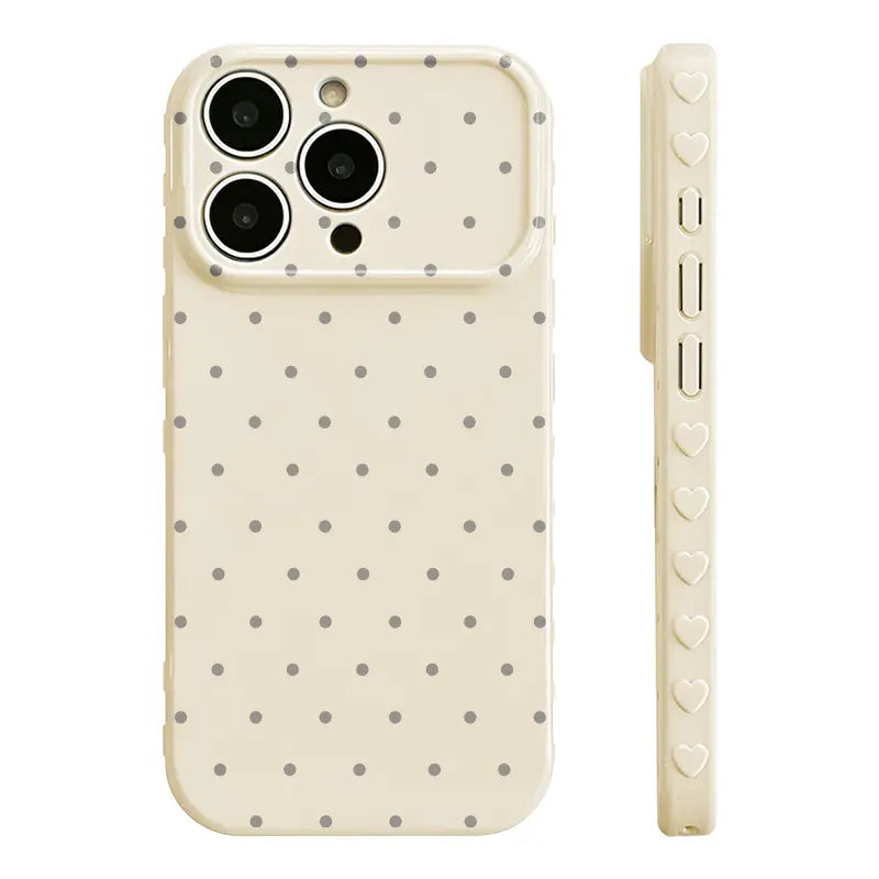 Premium Glossy Polka-Dot Heart-Border Phone Case with Soft TPU-PC Composite Material and Embossed Heart Patterns for Enhanced Grip and Fingerprint Resistance