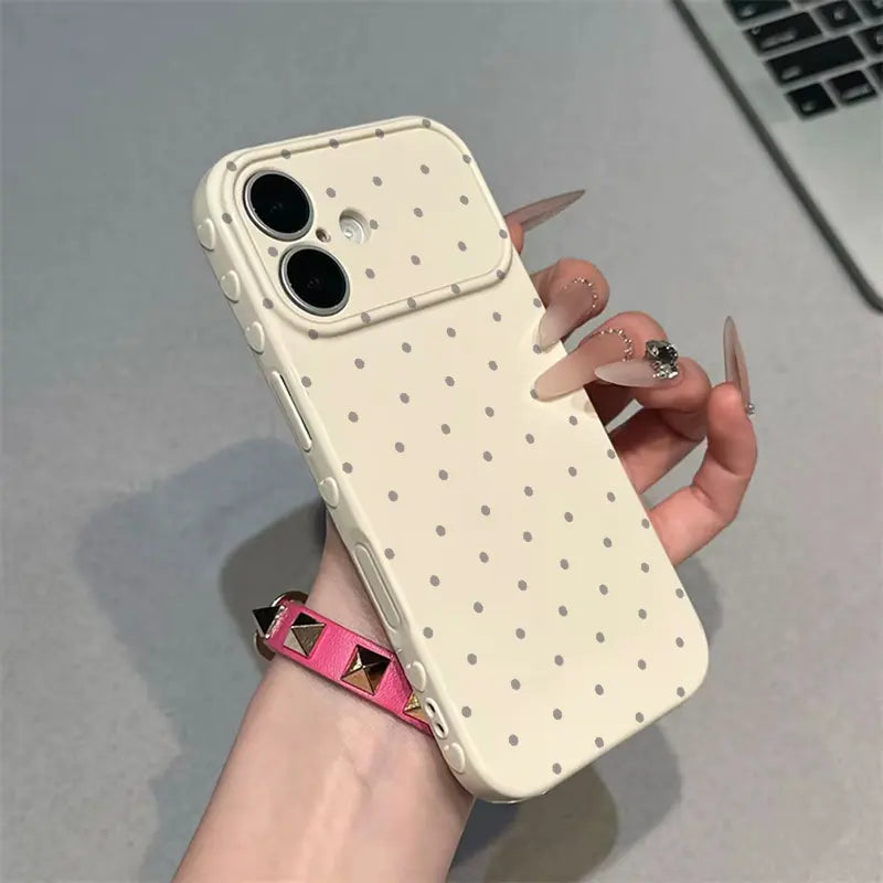 Premium Glossy Polka-Dot Heart-Border Phone Case with Soft TPU-PC Composite Material and Embossed Heart Patterns for Enhanced Grip and Fingerprint Resistance