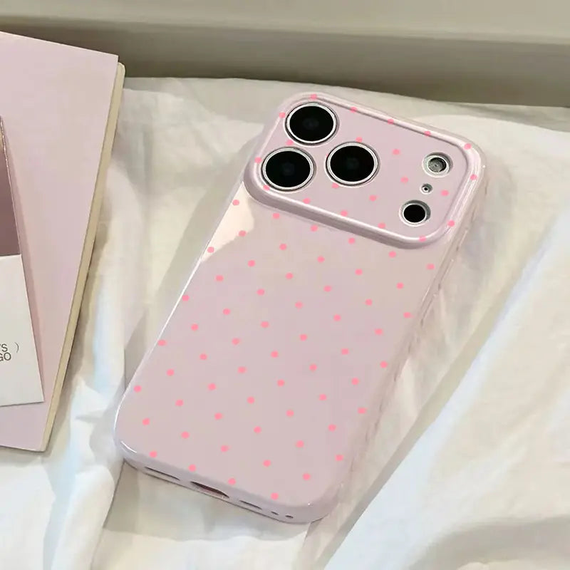 Premium Glossy Polka-Dot Heart-Border Phone Case with Soft TPU-PC Composite Material and Embossed Heart Patterns for Enhanced Grip and Fingerprint Resistance
