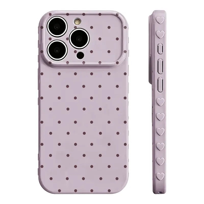 Premium Glossy Polka-Dot Heart-Border Phone Case with Soft TPU-PC Composite Material and Embossed Heart Patterns for Enhanced Grip and Fingerprint Resistance