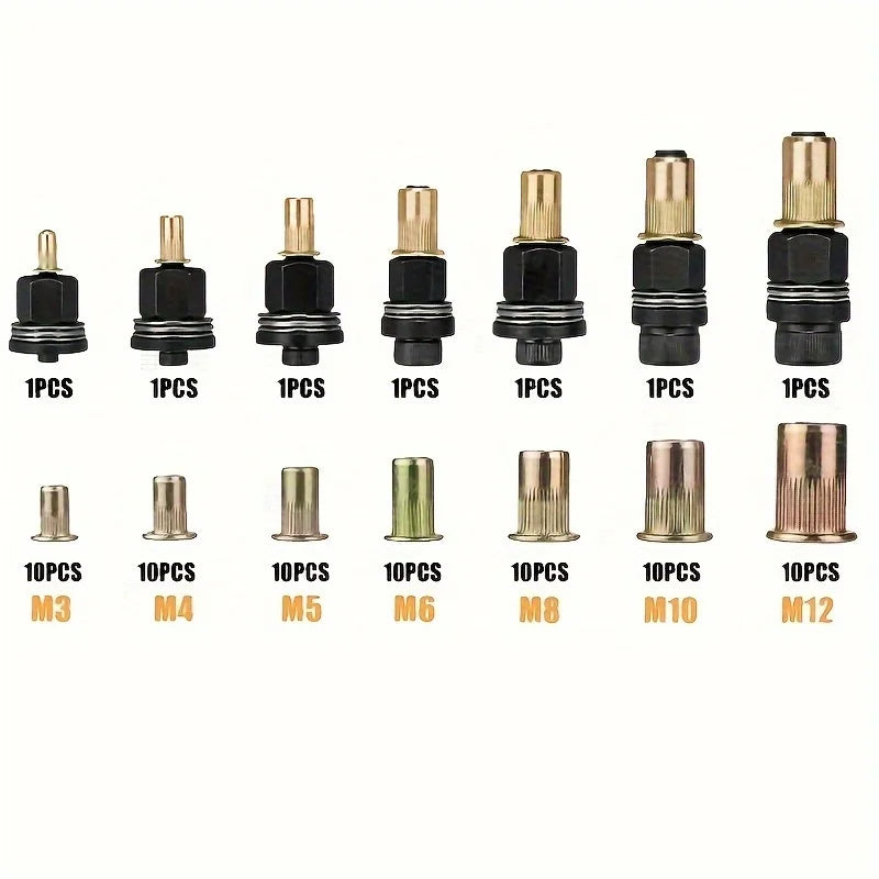 77pcs Manual Riveting Tool Set, 7 Sizes M3-M12 with 70 Rivet Nuts, Heavy-Duty Metal Gun for Automotive, Industrial & Welding