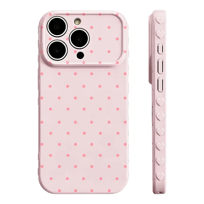 Premium Glossy Polka-Dot Heart-Border Phone Case with Soft TPU-PC Composite Material and Embossed Heart Patterns for Enhanced Grip and Fingerprint Resistance