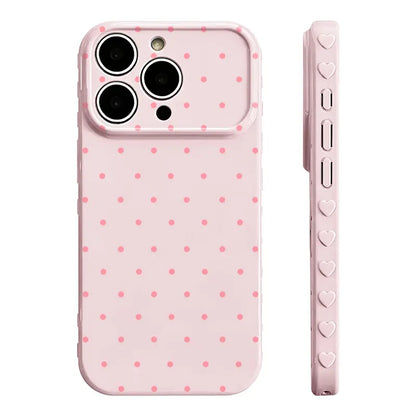 Premium Glossy Polka-Dot Heart-Border Phone Case with Soft TPU-PC Composite Material and Embossed Heart Patterns for Enhanced Grip and Fingerprint Resistance